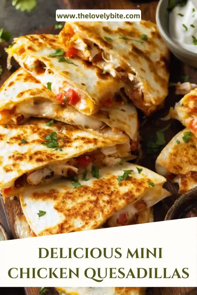 Close-up of Mini Chicken Quesadillas showing cheesy chicken filling inside toasted tortillas. Perfect appetizer idea.