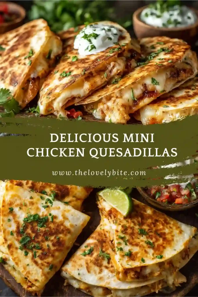 A plate of Mini Chicken Quesadillas arranged with dips including sour cream and pico de gallo. Crispy and flavorful.