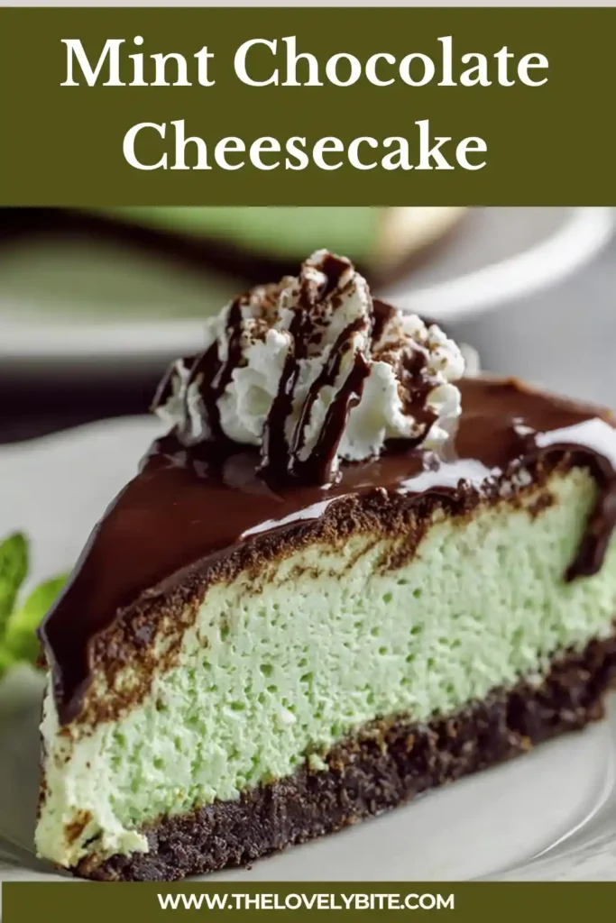 A creamy mint chocolate cheesecake topped with glossy fudge and whipped cream on a dark Oreo crust, sliced to show layers.