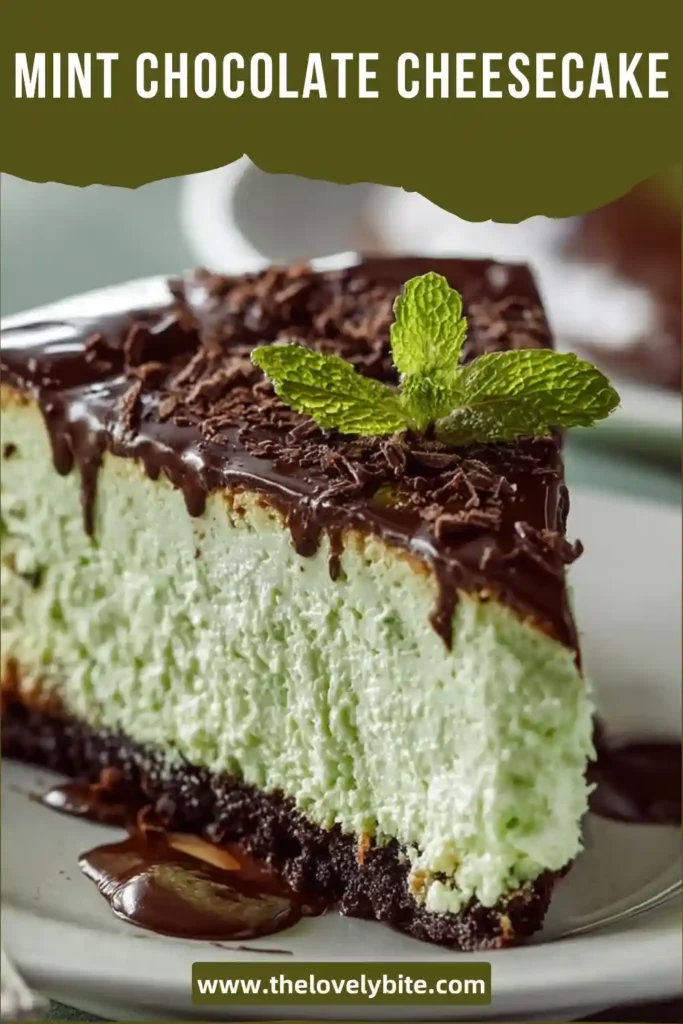 Close-up of mint chocolate cheesecake with green filling and chocolate drizzle, showcasing smooth texture and rich layers.