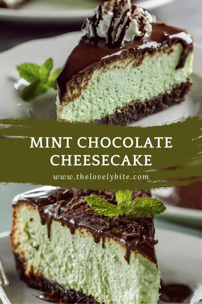 Close-up of mint chocolate cheesecake with green filling and chocolate drizzle, showcasing smooth texture and rich layers.