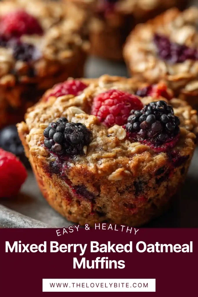 Mixed Berry Baked Oatmeal Muffins arranged on a cooling rack with visible blueberries, raspberries, and oats. Soft texture and golden tops highlight a healthy breakfast option.