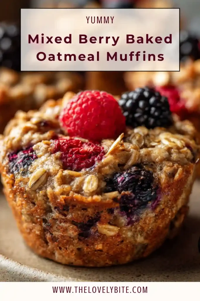 Close-up of Mixed Berry Baked Oatmeal Muffins showing juicy berries and moist crumb. A wholesome and nutritious muffin perfect for morning meals.