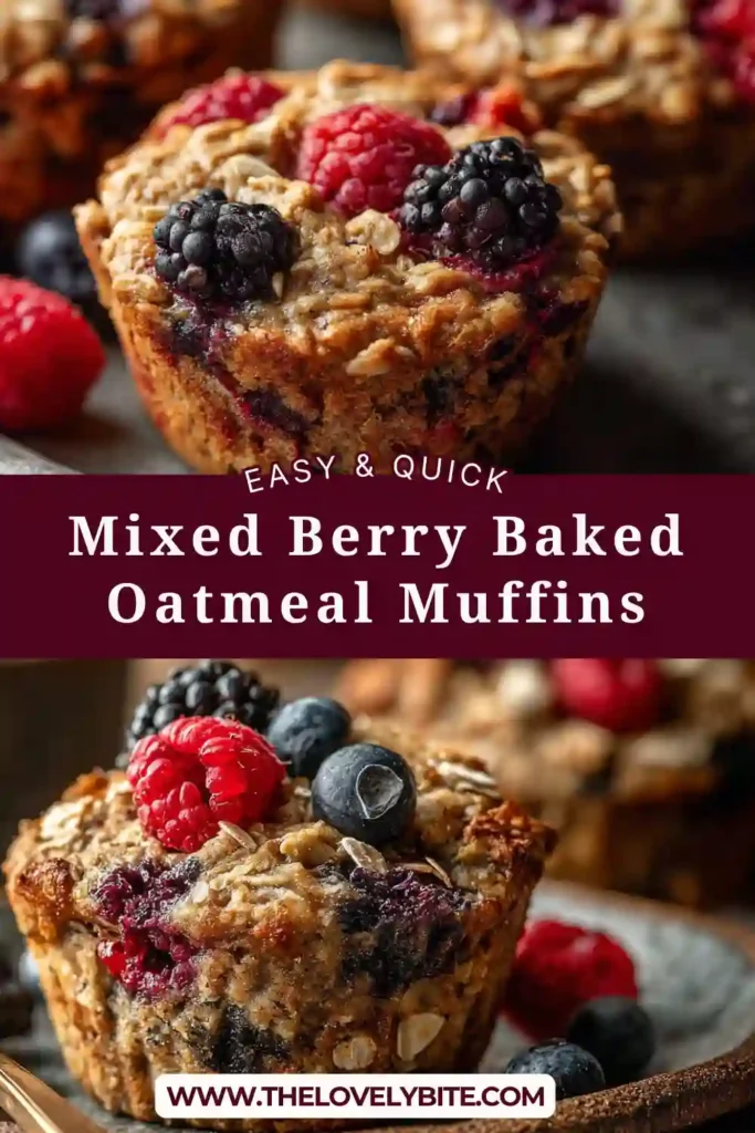 Freshly baked Mixed Berry Baked Oatmeal Muffins in a muffin tray with oats and berries visible. Ideal healthy snack or breakfast recipe.