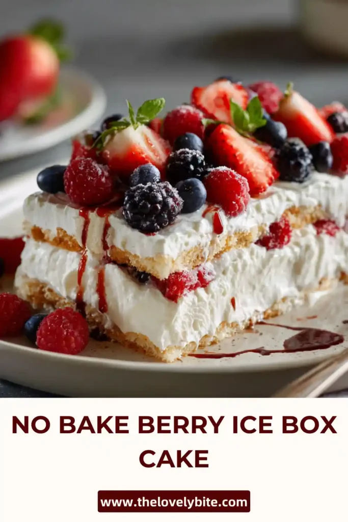 A slice of No Bake Berry Ice Box Cake showing layers of graham crackers, cream filling, strawberries, and blueberries. The texture looks soft and creamy.