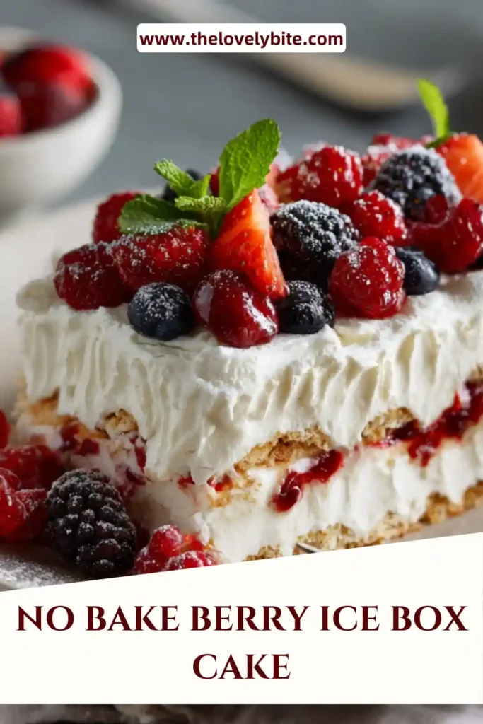 Close-up of a No Bake Berry Ice Box Cake topped with fresh strawberries and blueberries, highlighting its smooth and rich layers.