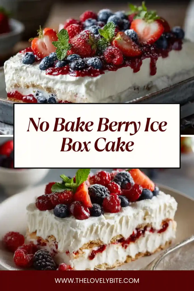 No Bake Berry Ice Box Cake in a pan with visible layers of creamy filling and fresh berries, perfect for summer dessert.