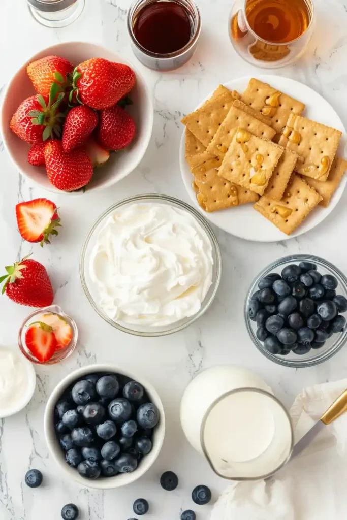 A chilled No Bake Berry Ice Box Cake slice with vibrant strawberries and blueberries on top and creamy layers inside.
