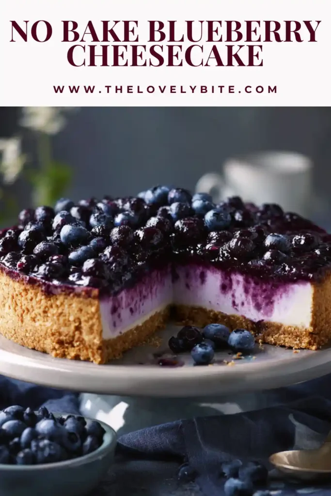 A creamy no bake blueberry cheesecake topped with glossy blueberry sauce on a biscuit crust. The texture looks smooth and rich with fresh berries on top.