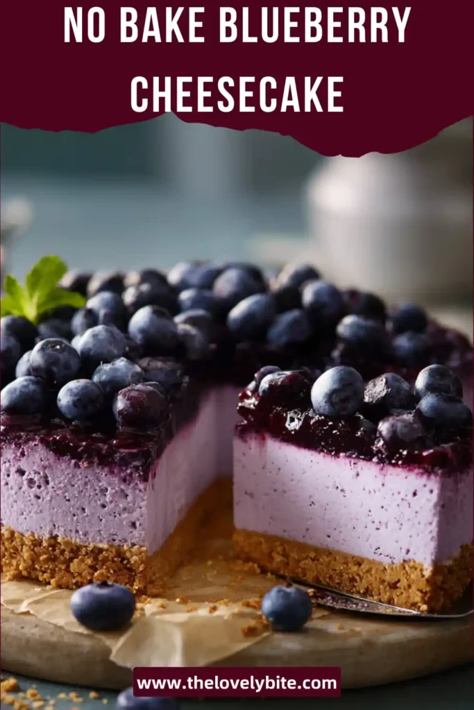 Close-up of a slice of no bake blueberry cheesecake showing layers of biscuit base and creamy blueberry filling. Bright and appetizing presentation.
