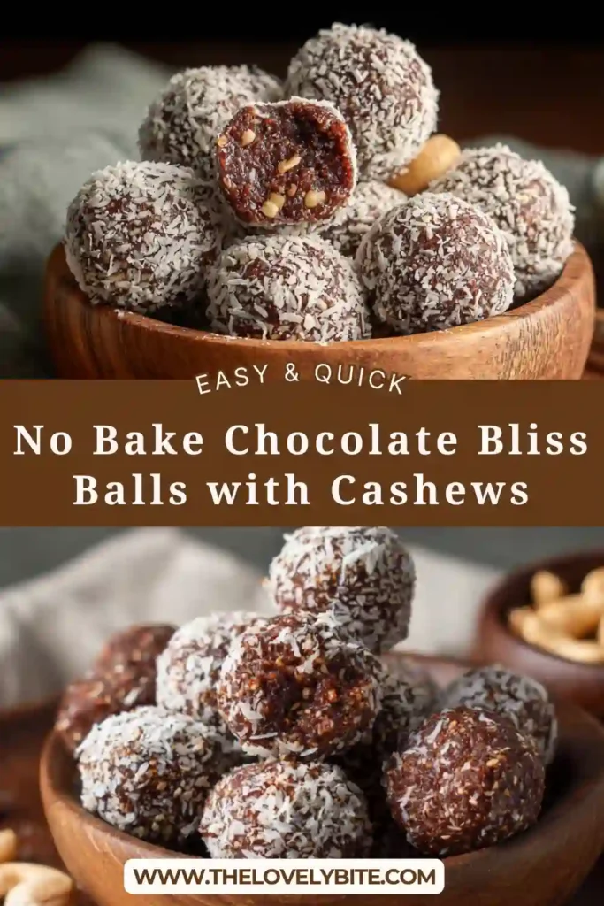 A plate of No Bake Chocolate Bliss Balls made with cashews, Medjool dates, cocoa powder, and shredded coconut. These chocolate bliss balls have a soft, chewy texture and a rich cocoa finish.