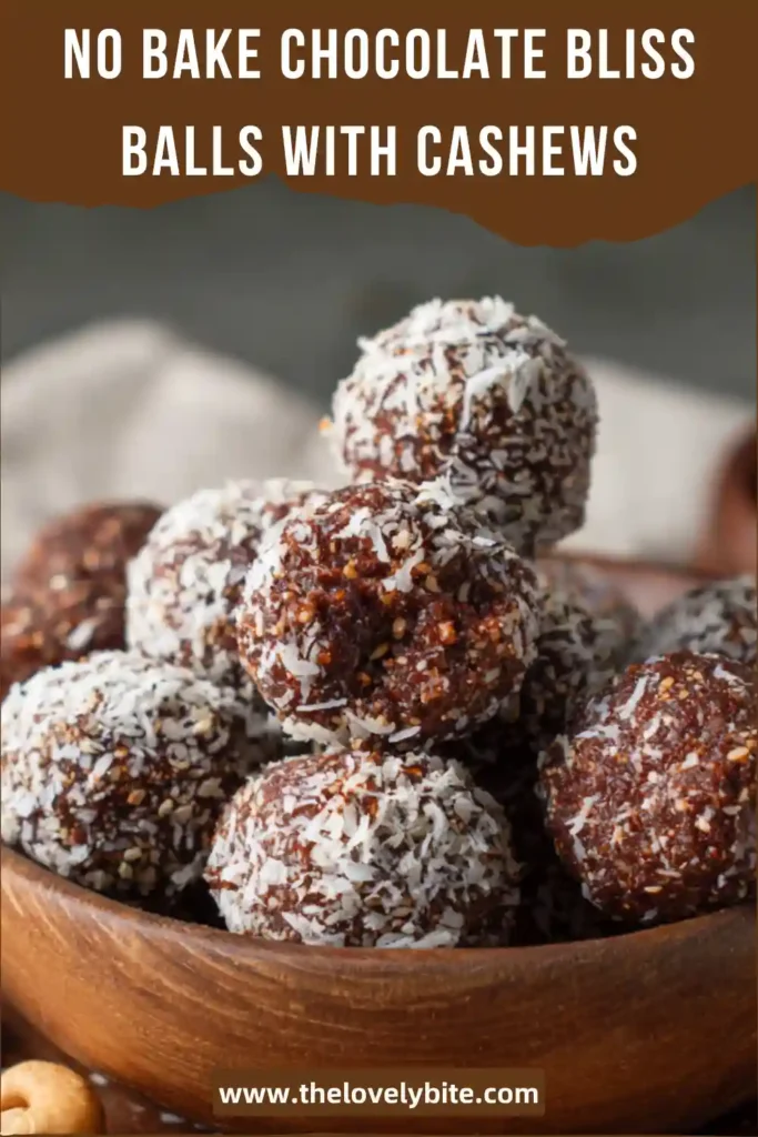 Close-up of homemade No Bake Chocolate Bliss Balls arranged on a serving plate. The cashew and date energy balls look smooth, dense, and naturally chocolatey.