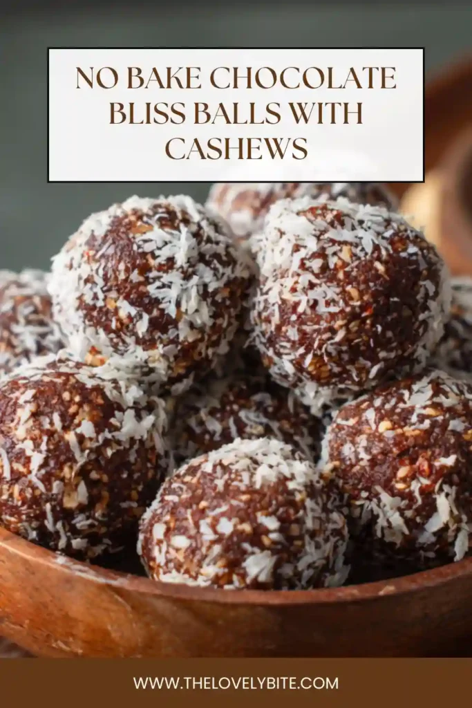 Healthy No Bake Chocolate Bliss Balls served as a simple snack or dessert. These 4 ingredient bliss balls are made with dates, cashews, coconut, and cocoa powder for a rich, fudgy bite.