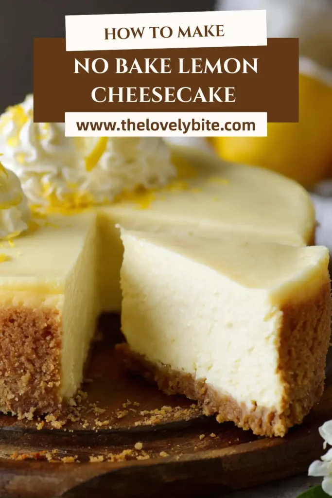 Slice of no bake lemon cheesecake with a buttery crust and light lemon filling, garnished with berries and mint for a refreshing look.