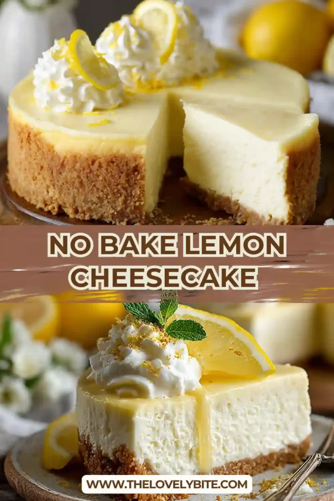 Whole no bake lemon cheesecake decorated with whipped cream swirls and citrus slices, highlighting its creamy consistency.