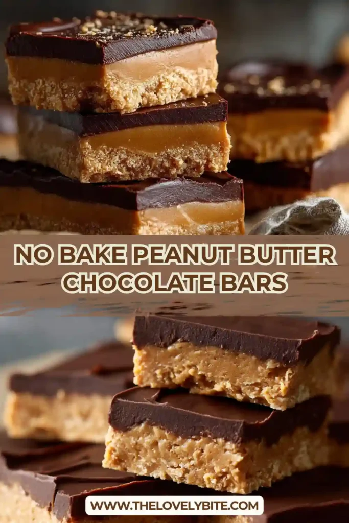 No Bake Peanut Butter Chocolate Bars stacked neatly showing creamy peanut butter base and glossy chocolate topping, rich and indulgent dessert.