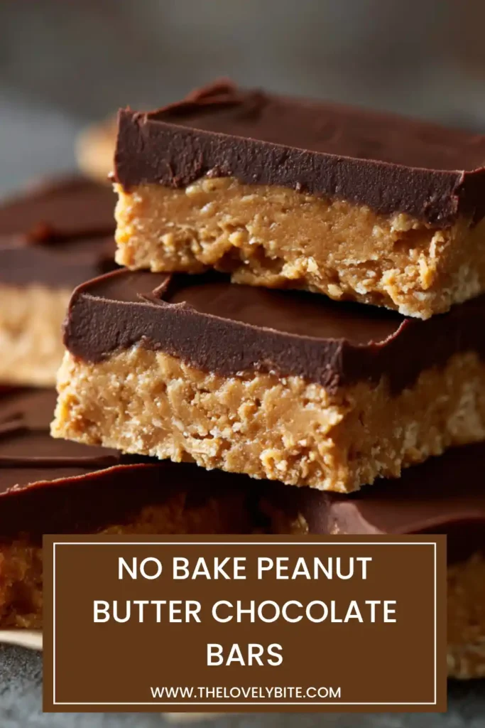 Close-up of homemade no bake peanut butter chocolate bars with smooth chocolate layer and crumbly peanut butter texture.
