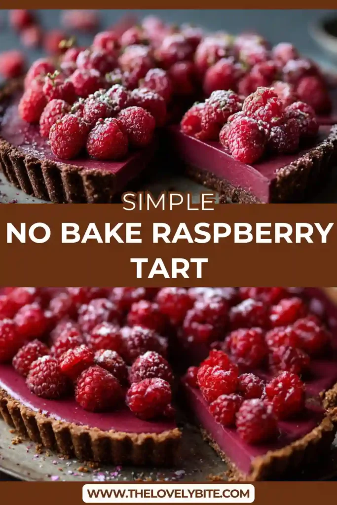 Overhead view of a raspberry tart decorated with berries, chocolate, and rose petals on a rustic table.