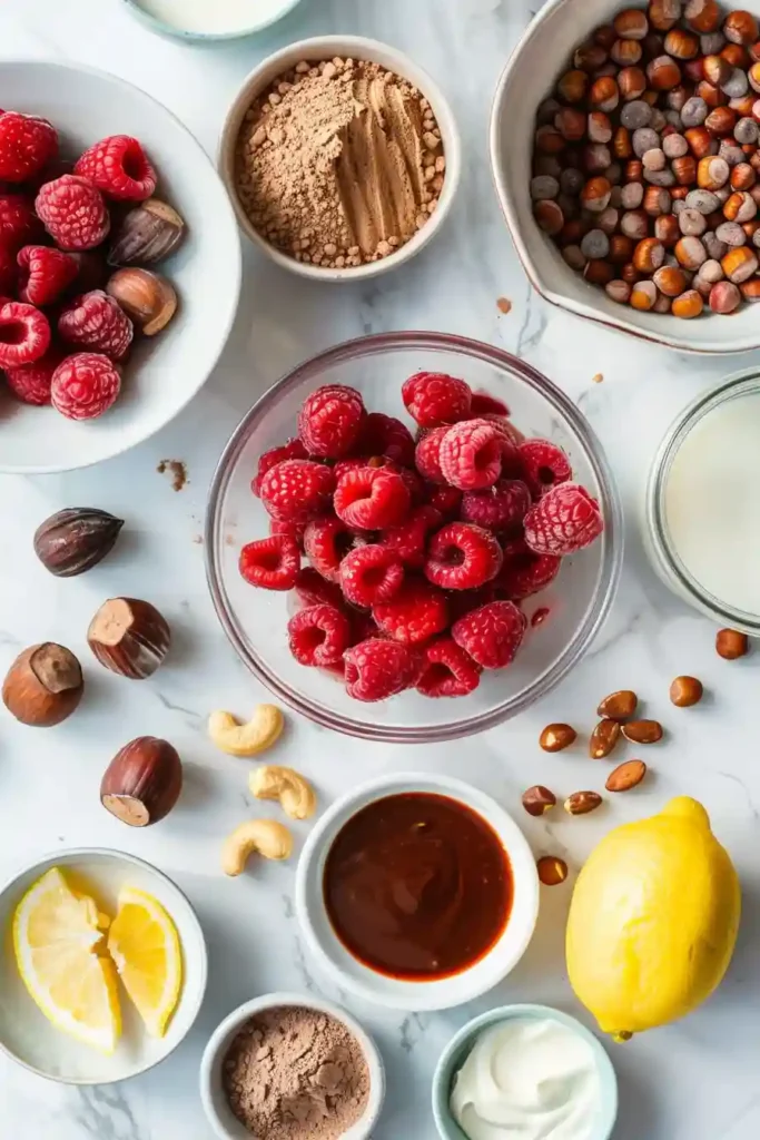 Healthy no bake raspberry tart with vibrant colors and a rich cacao crust, ready to serve.
