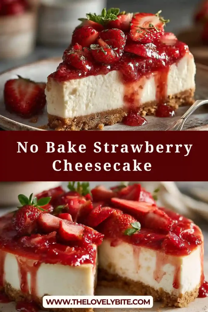 A creamy no bake strawberry cheesecake topped with fresh strawberries on a buttery graham cracker crust. Smooth texture and vibrant color make it a perfect summer dessert.