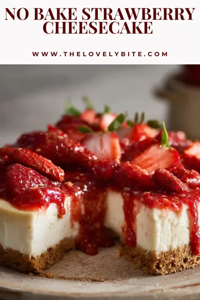 Close-up of a slice of no bake strawberry cheesecake showing layers of crust and creamy filling with strawberry topping.
