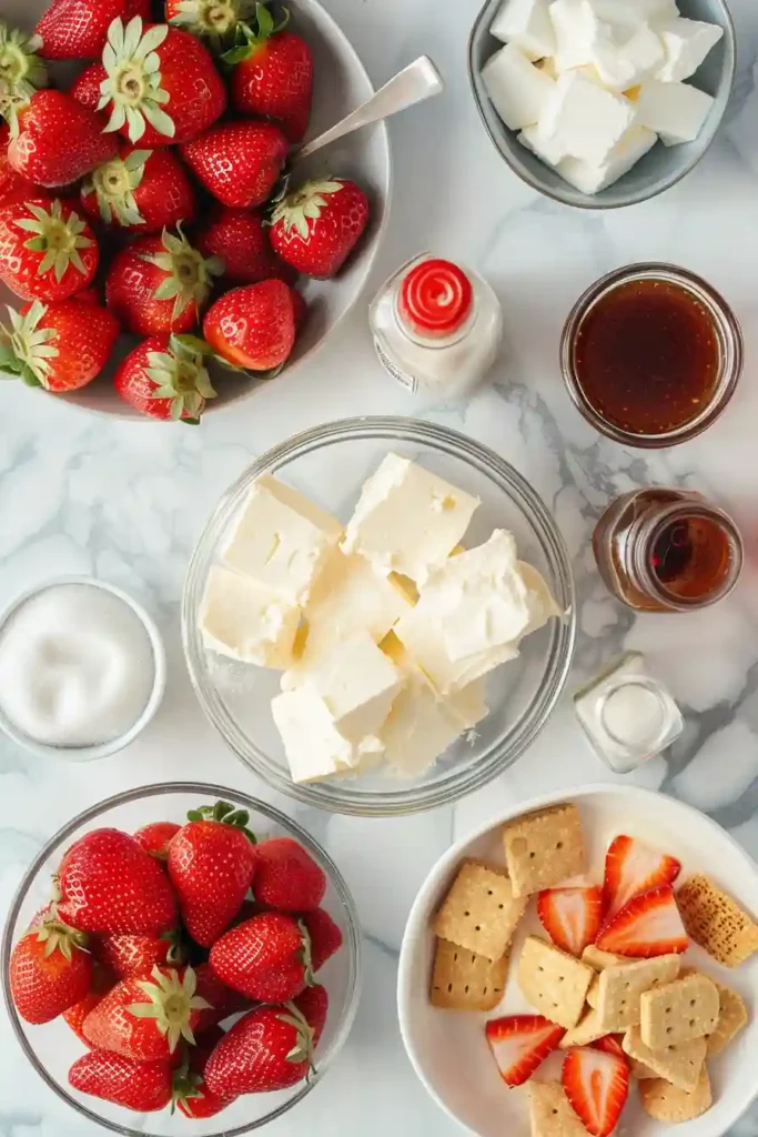 Whole no bake strawberry cheesecake in a springform pan decorated with fresh strawberries and sauce drizzle.