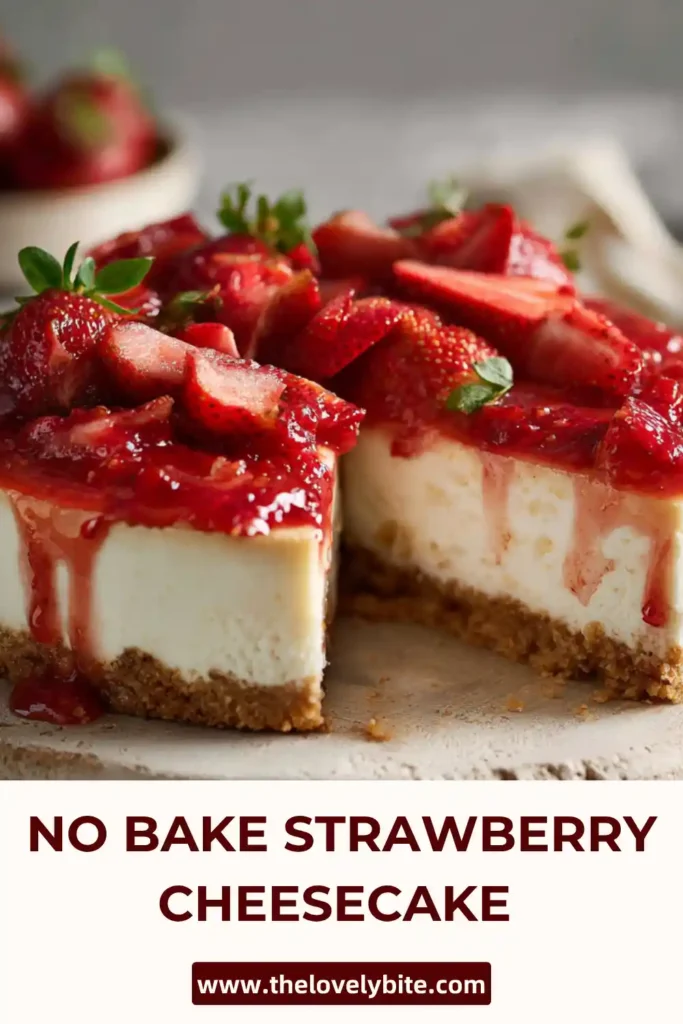 Homemade no bake strawberry cheesecake with fresh strawberry garnish and glossy topping. Light and fluffy texture visible.