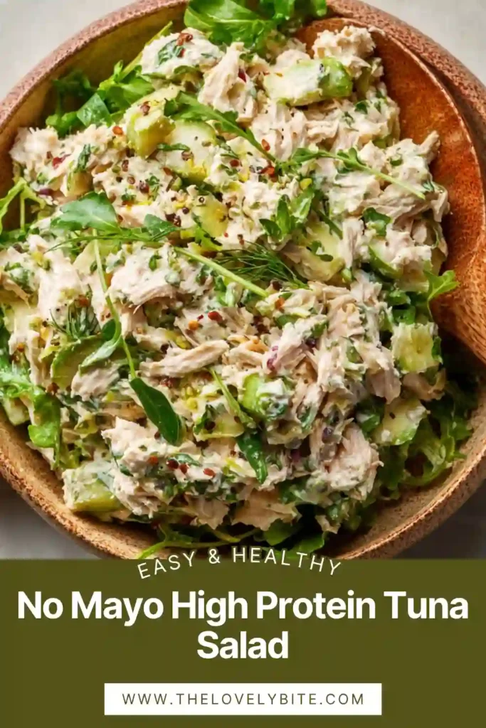 Creamy no mayo high protein tuna salad served in lettuce wraps with visible chunks of avocado and cucumber.