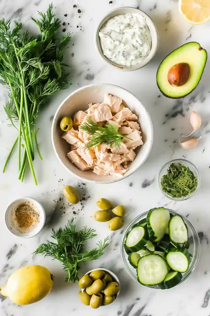 A bowl of no mayo high protein tuna salad made with Greek yogurt and avocado, mixed with cucumber, olives, and fresh dill for a healthy meal.