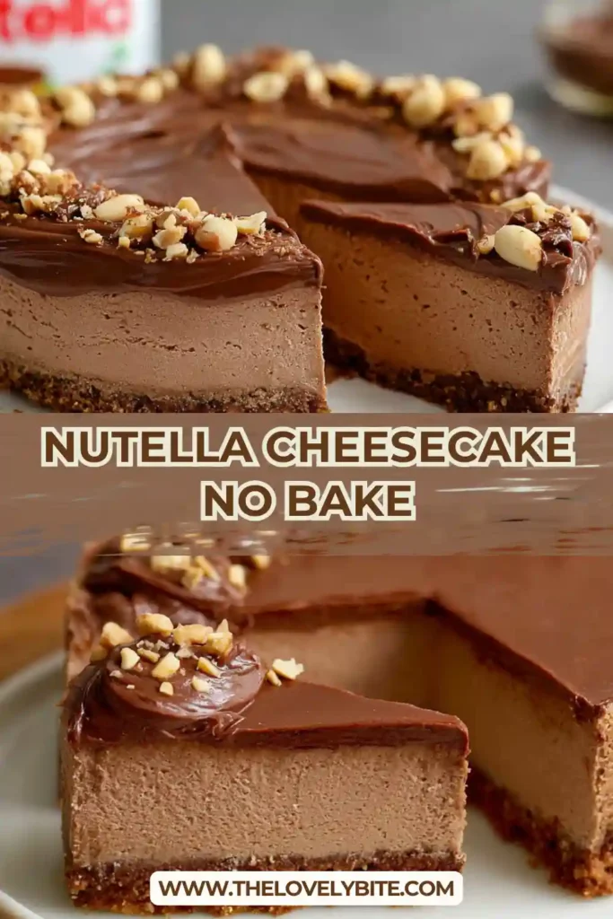 Close-up of a slice of Nutella Cheesecake No Bake showing layers of crunchy base and creamy chocolate filling with glossy topping.
