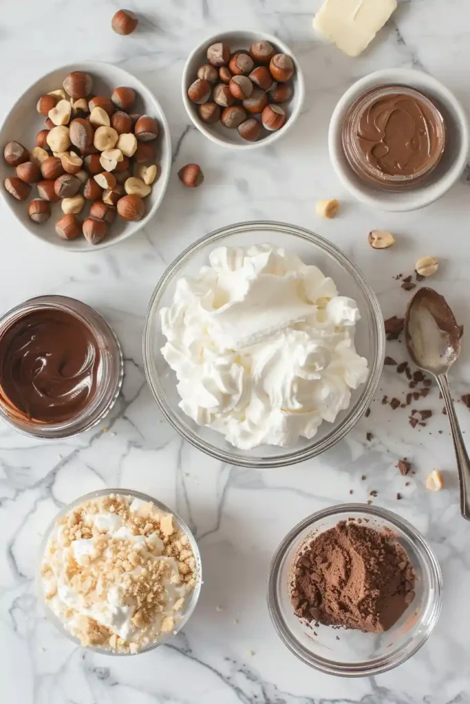 A creamy Nutella Cheesecake No Bake topped with melted chocolate hazelnut spread and chopped hazelnuts on a biscuit base. Smooth texture and rich dessert presentation.