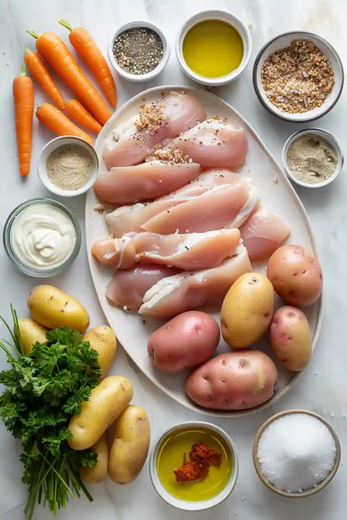 Overhead view of a one pan chicken and vegetables recipe arranged neatly on a baking sheet with crisp edges and vibrant colors.