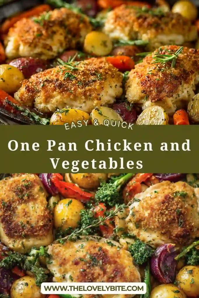 Close-up of a one pan chicken and vegetables recipe showing crunchy breadcrumb-coated chicken with tender roasted vegetables. Warm tones highlight the oven-baked texture.
