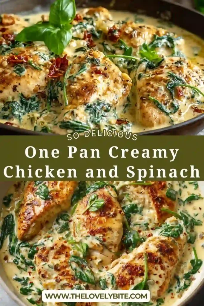 Close-up of creamy chicken and spinach recipe with parmesan sauce and sun-dried tomatoes in a pan. Perfect easy dinner idea.