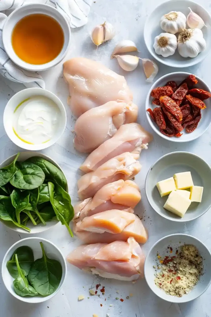 Creamy chicken spinach dish plated with sauce, highlighting a rich and hearty one-pan meal for dinner.