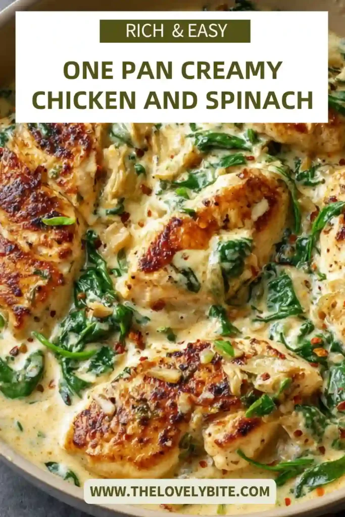 Skillet filled with one-pan creamy chicken and spinach, showing thick sauce coating juicy chicken and wilted greens.