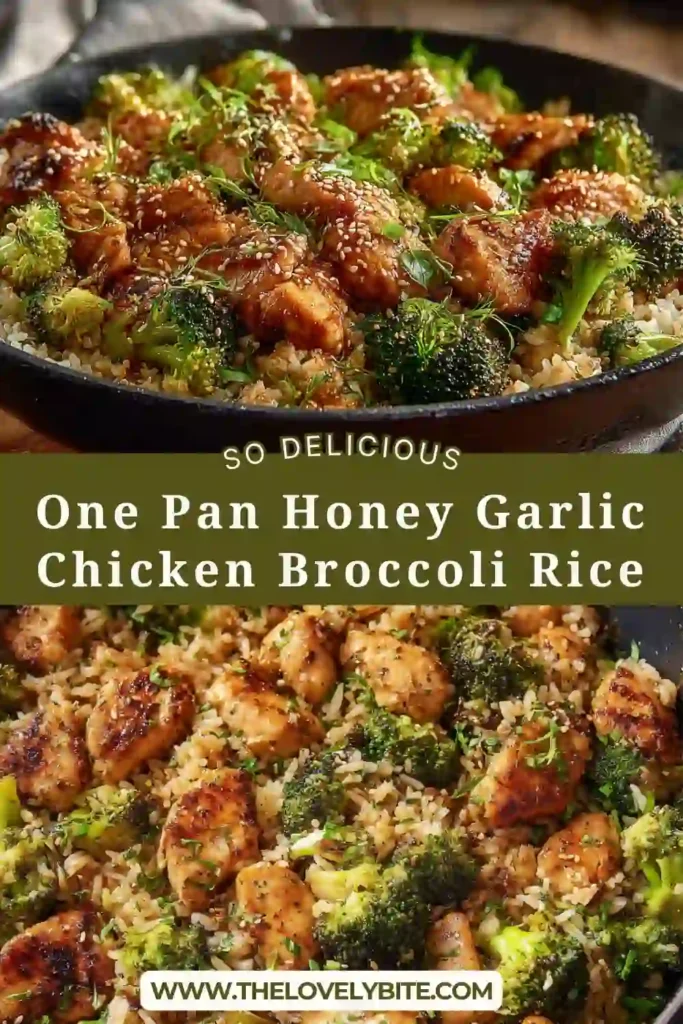 A skillet filled with one pan honey garlic chicken broccoli rice, showing tender chicken pieces, fluffy rice, and vibrant green broccoli coated in sauce.