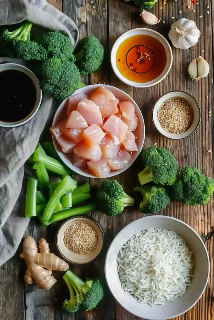 Overhead view of one pan honey garlic chicken broccoli rice served hot with perfectly cooked vegetables and rice.
