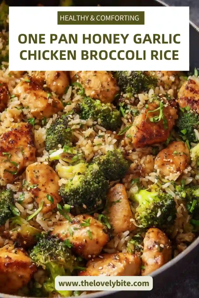 Close-up of honey garlic chicken and rice with broccoli in a pan, glistening with a savory sweet glaze.