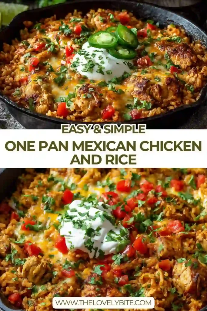 A skillet of One Pan Mexican Chicken and Rice topped with melted cheese, avocado, cilantro, and diced tomatoes. This easy Mexican chicken and rice recipe looks hearty, colorful, and perfect for a quick family dinner.