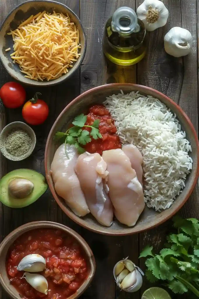 A homemade skillet of One Pan Mexican Chicken and Rice finished with diced avocado, sour cream, and tomatoes. This easy cheesy chicken and rice dinner has a vibrant, savory, and satisfying presentation.