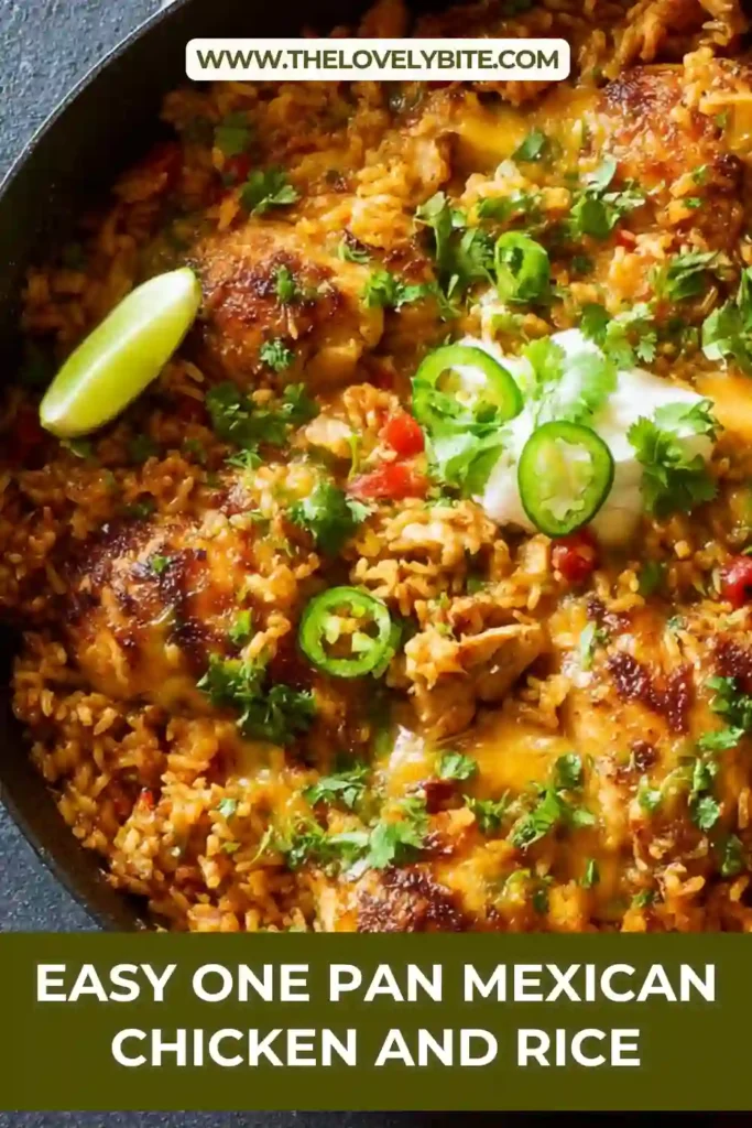 One Pan Mexican Chicken and Rice served warm in a large skillet with tender chicken, fluffy rice, and enchilada sauce. The cheesy topping and fresh garnishes make this one pan chicken rice recipe look rich and comforting.
