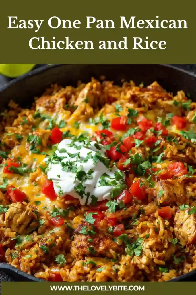 Close-up of One Pan Mexican Chicken and Rice with golden melted cheese and fresh cilantro on top. This Mexican chicken and rice skillet is packed with bold flavor and ideal for a simple weeknight meal.