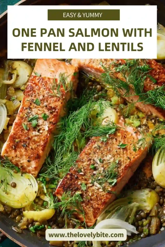 One pan salmon with fennel and lentils cooked in a cast iron skillet, topped with fresh parsley and lemon zest. The dish looks vibrant and hearty with golden salmon and tender vegetables.