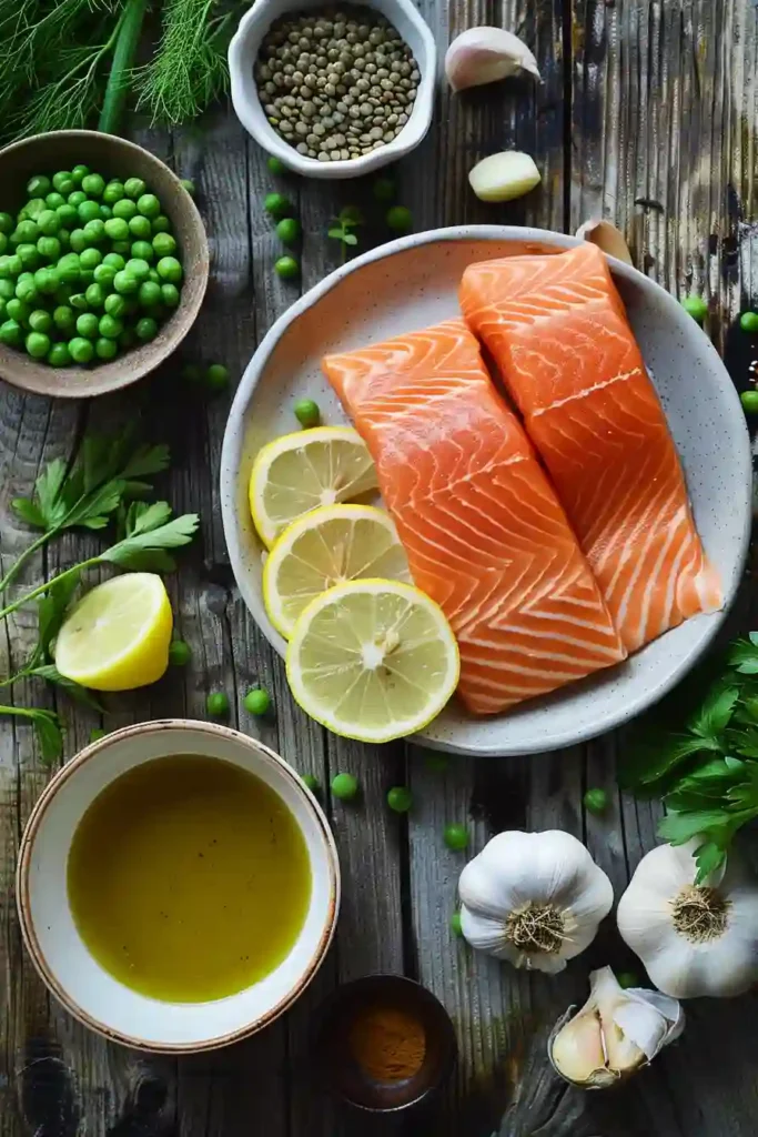 Overhead view of a one pan salmon dish with fennel wedges, lentils, and lemon garnish, perfect for a healthy dinner.