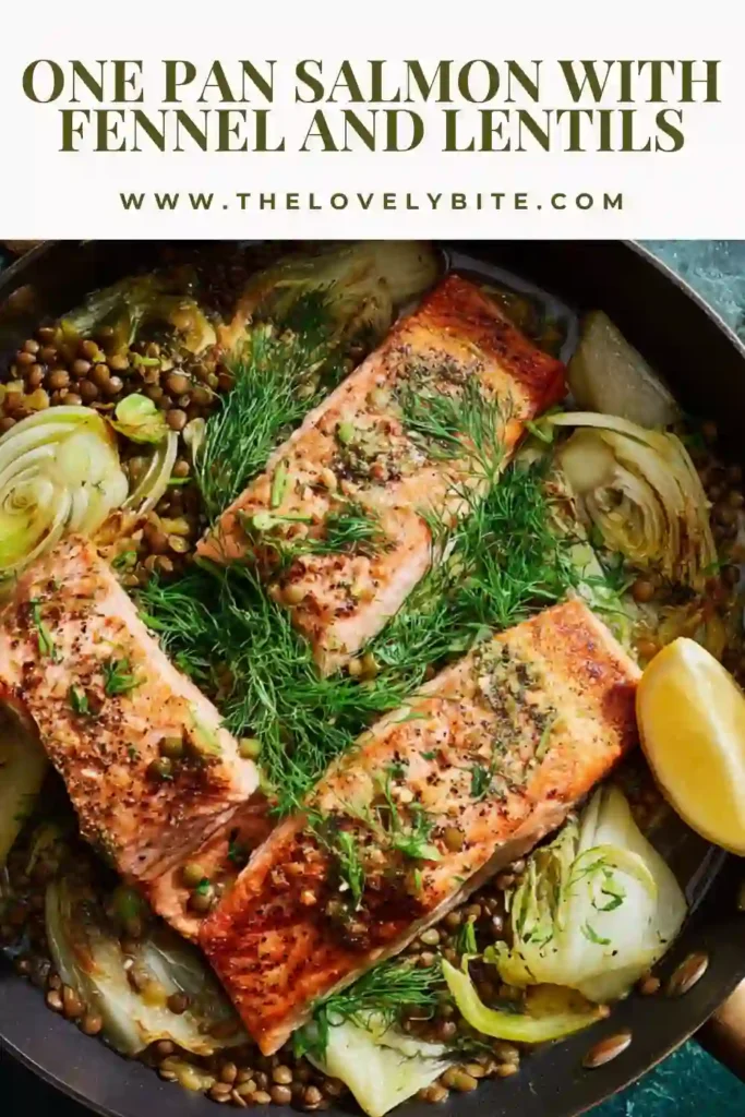 Baked salmon with fennel and lentils in a rustic pan, garnished with herbs and lemon. A healthy and flavorful one pan meal ready to serve.