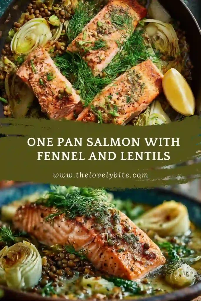 Close-up of one pan salmon with fennel and lentils showing flaky salmon and soft lentils with fresh green peas and herbs.