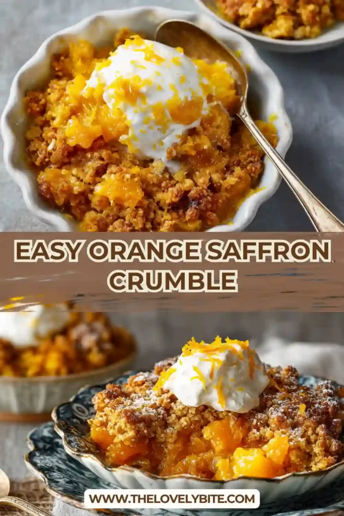 Close-up of Orange Saffron Crumble served with vanilla ice cream, showing crispy crumble and soft citrus layers. The saffron gives a rich golden hue.