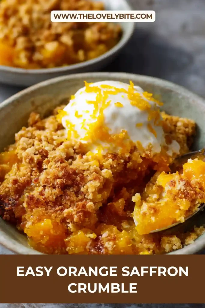 Freshly baked Orange Saffron Crumble with spiced topping and juicy oranges underneath. A comforting citrus dessert perfect for serving warm.