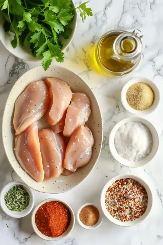 Juicy oven baked chicken breast served on a plate with fresh parsley garnish and golden seasoning crust. Perfect easy dinner recipe.